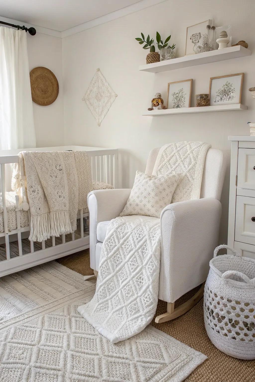 White-on-white patterns add subtle elegance to a nursery.