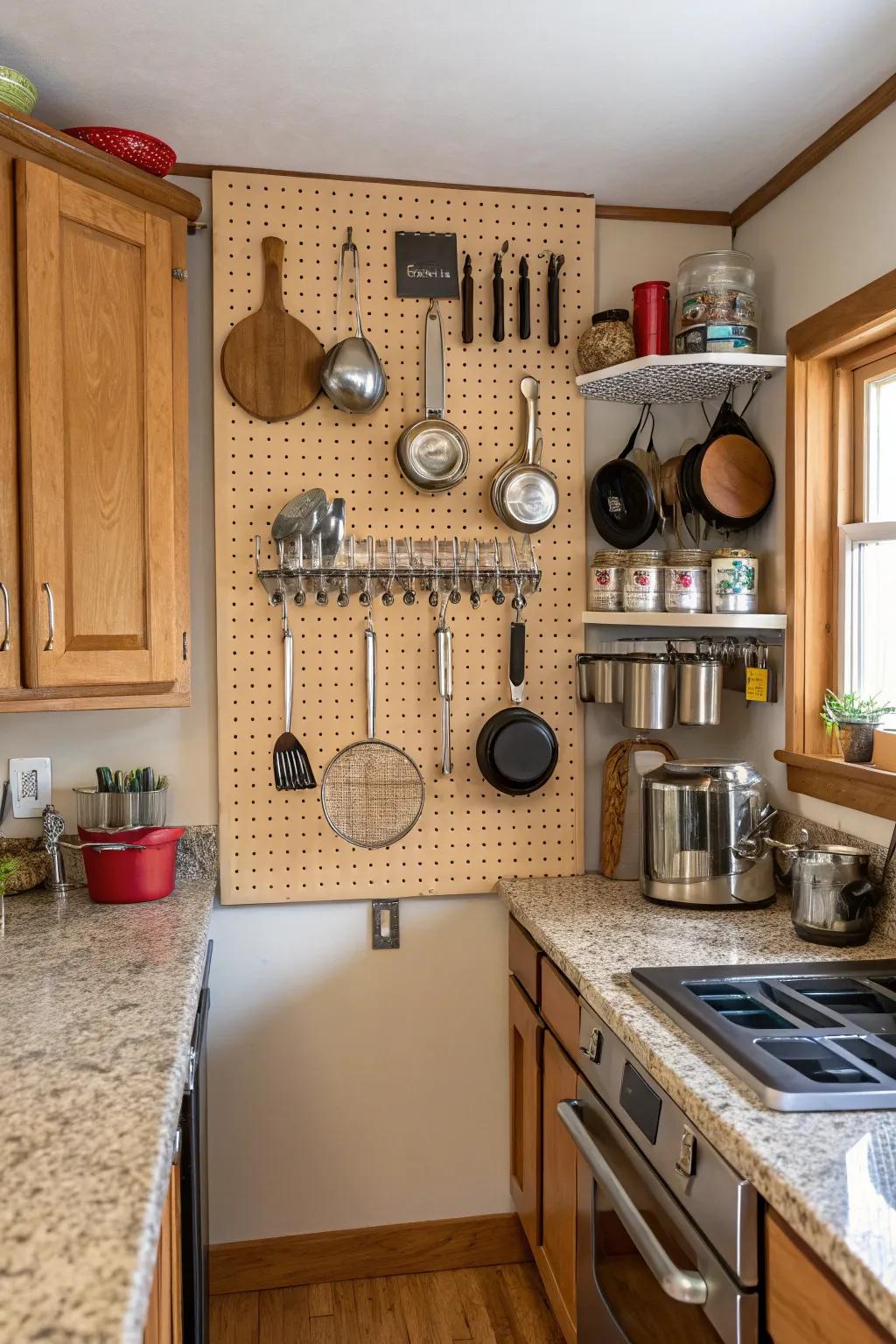 Pegboard walls offer stylish and flexible storage options.