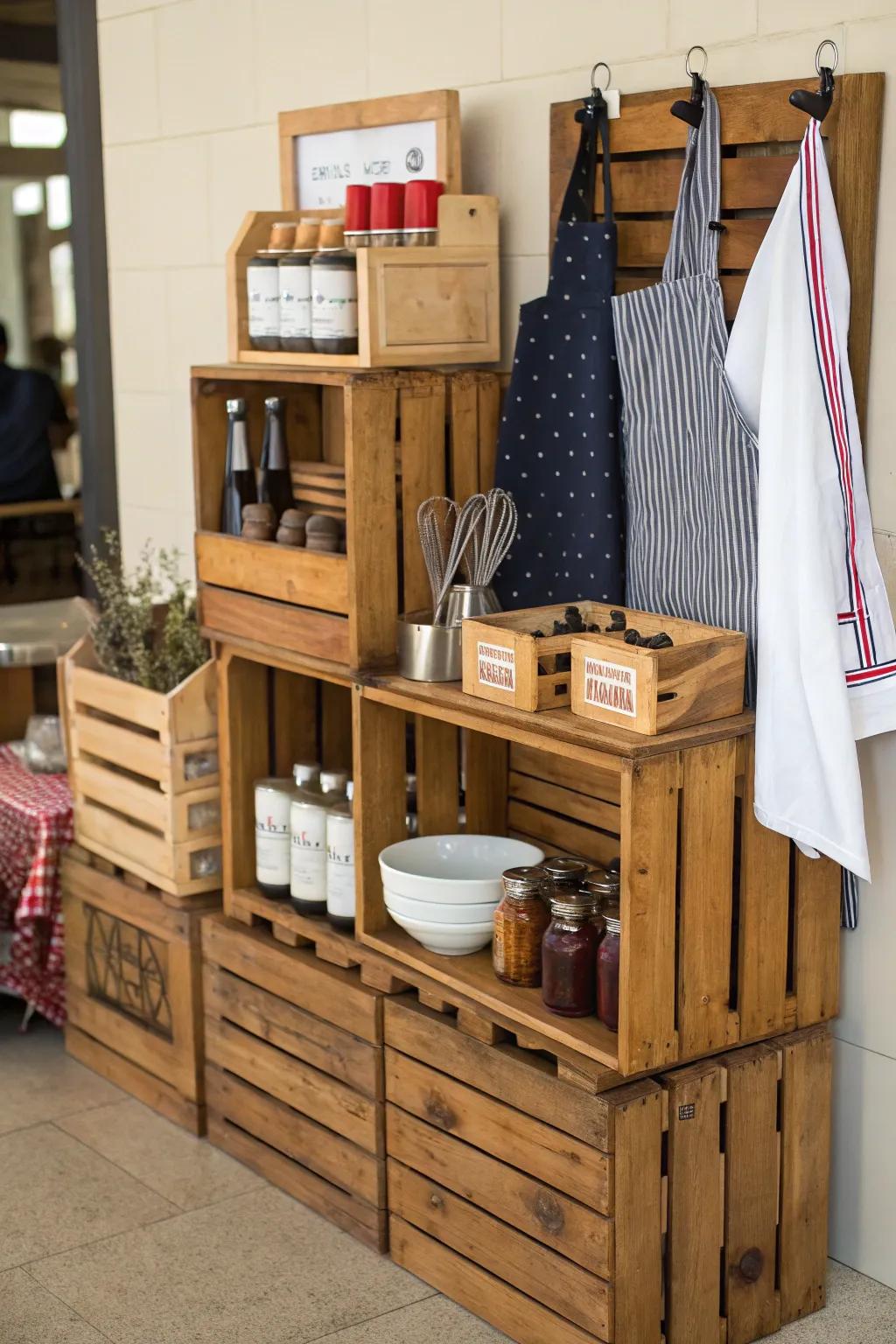 Rustic crates offer an organic touch to apron displays.