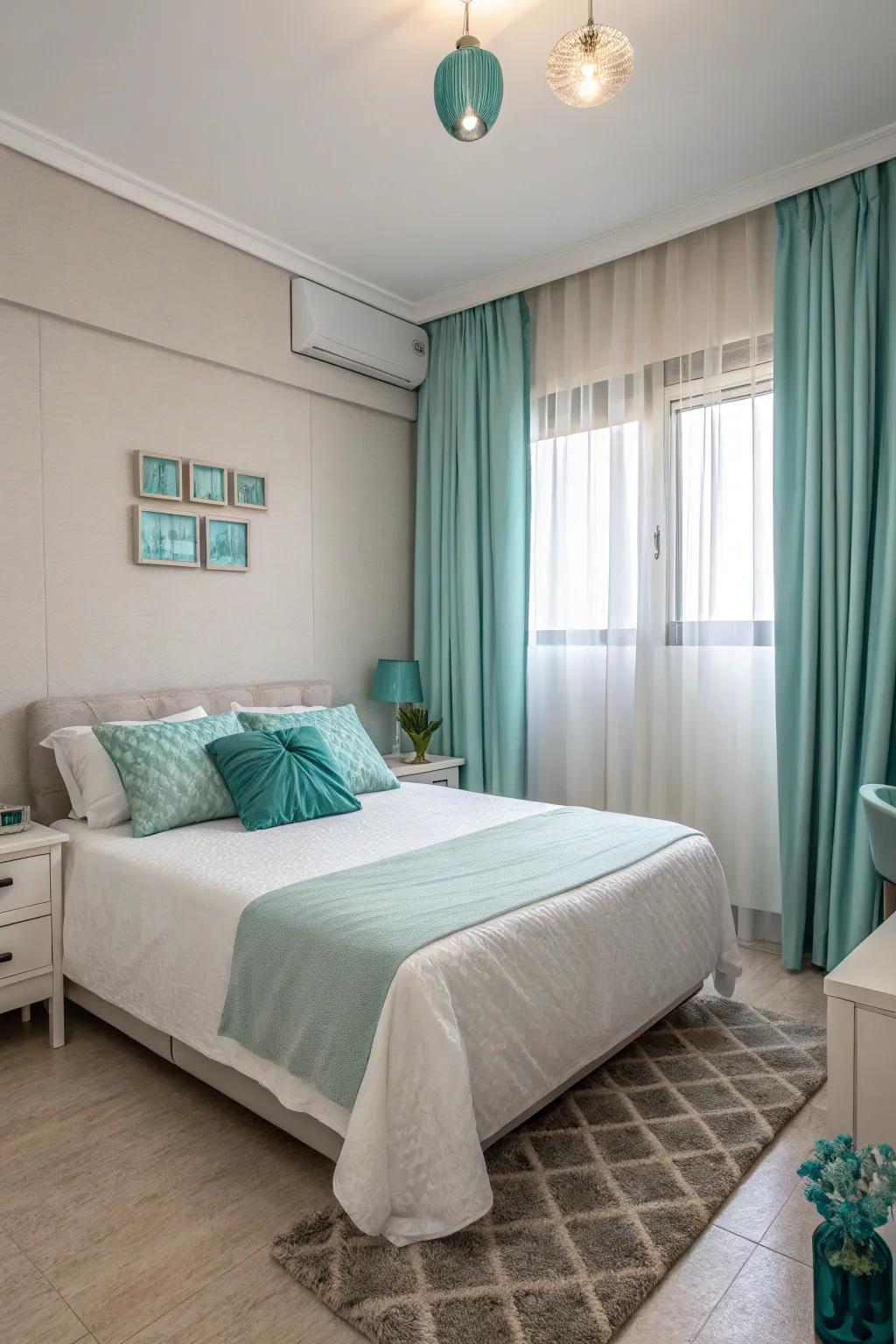 A minimalist bedroom with aqua accents feels sleek and uncluttered.