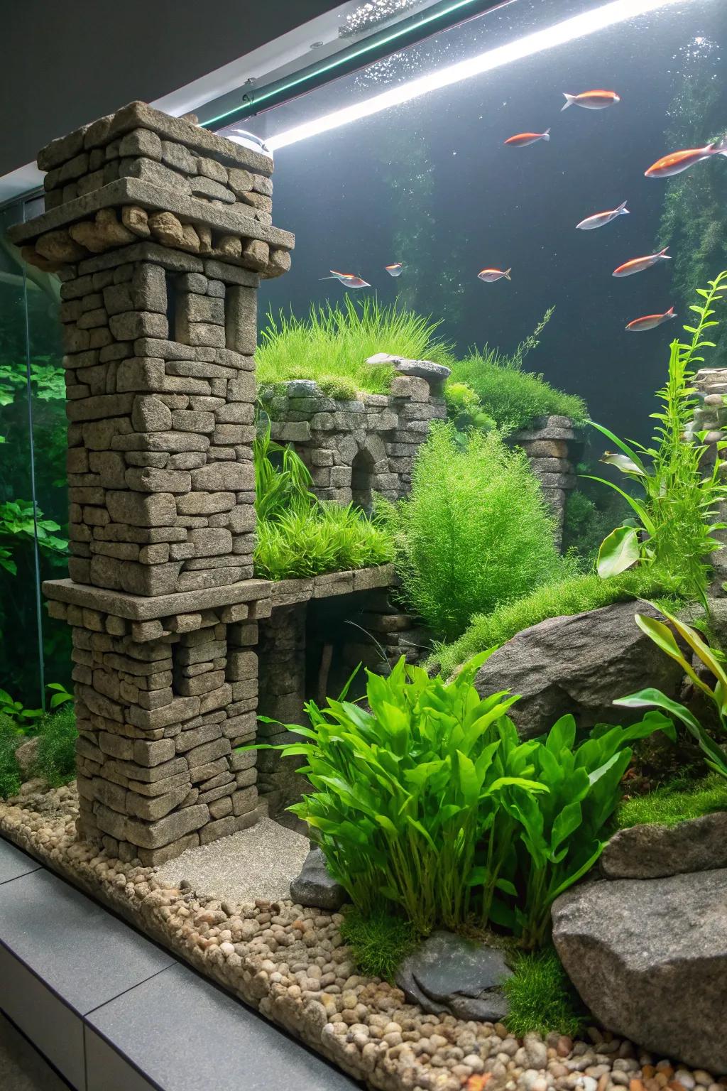 Lush greenery paired with stone creates a refreshing aquascape.