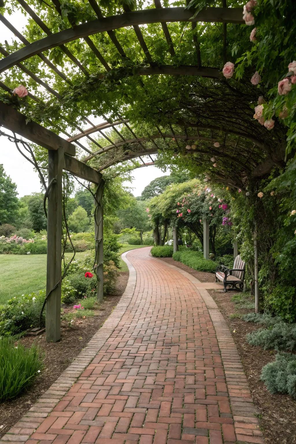 A classic brick pathway inviting guests under a garden arbor.