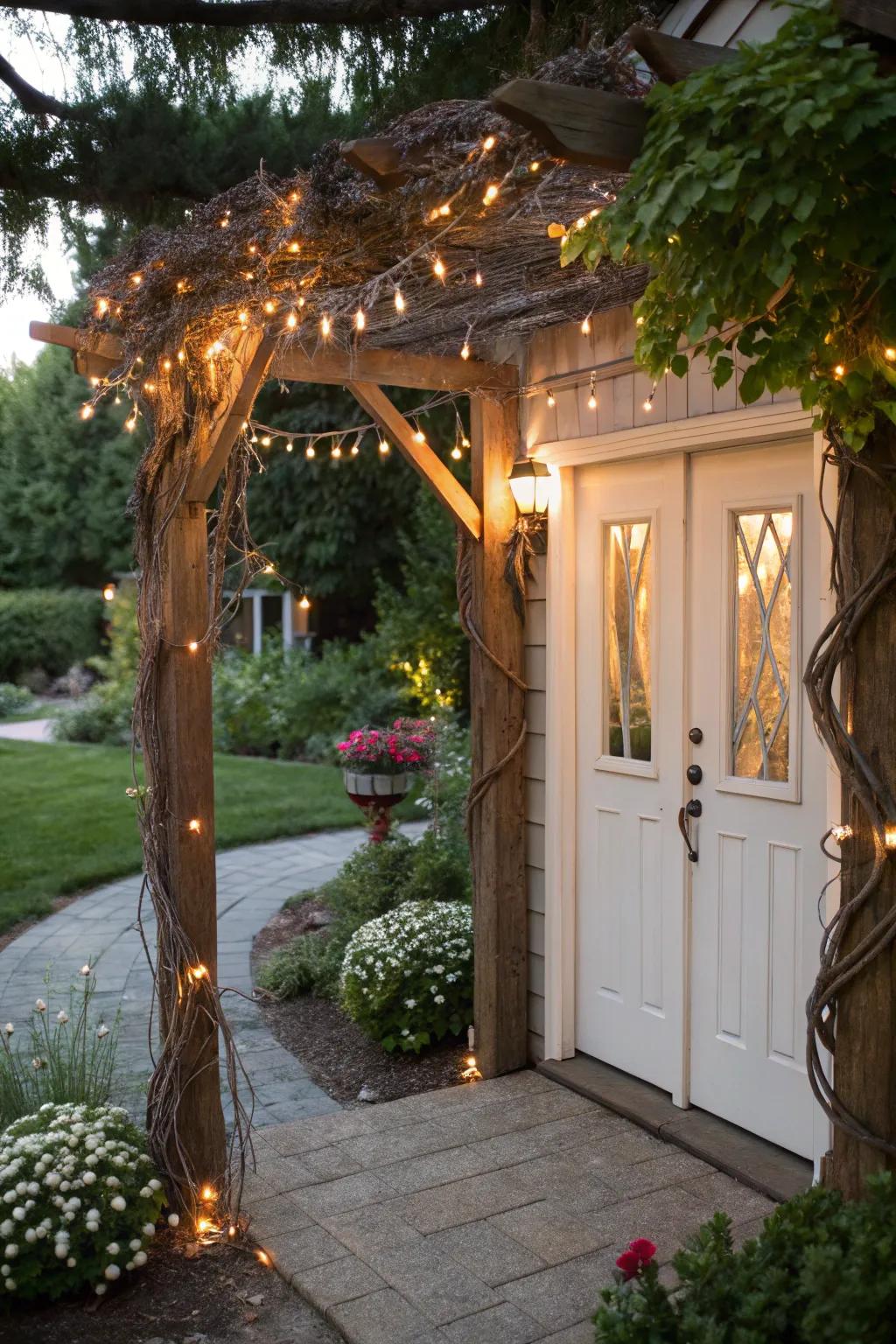 An arbor with whimsical fairy lights for a magical entrance.