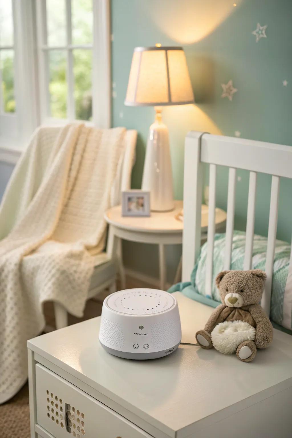 A white noise machine can enhance sleep quality in a shared bedroom environment.