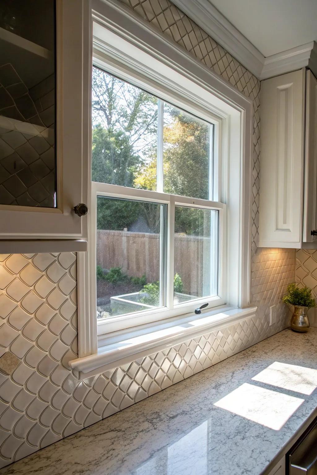 Textured tiles creating a tactile experience around a kitchen window.