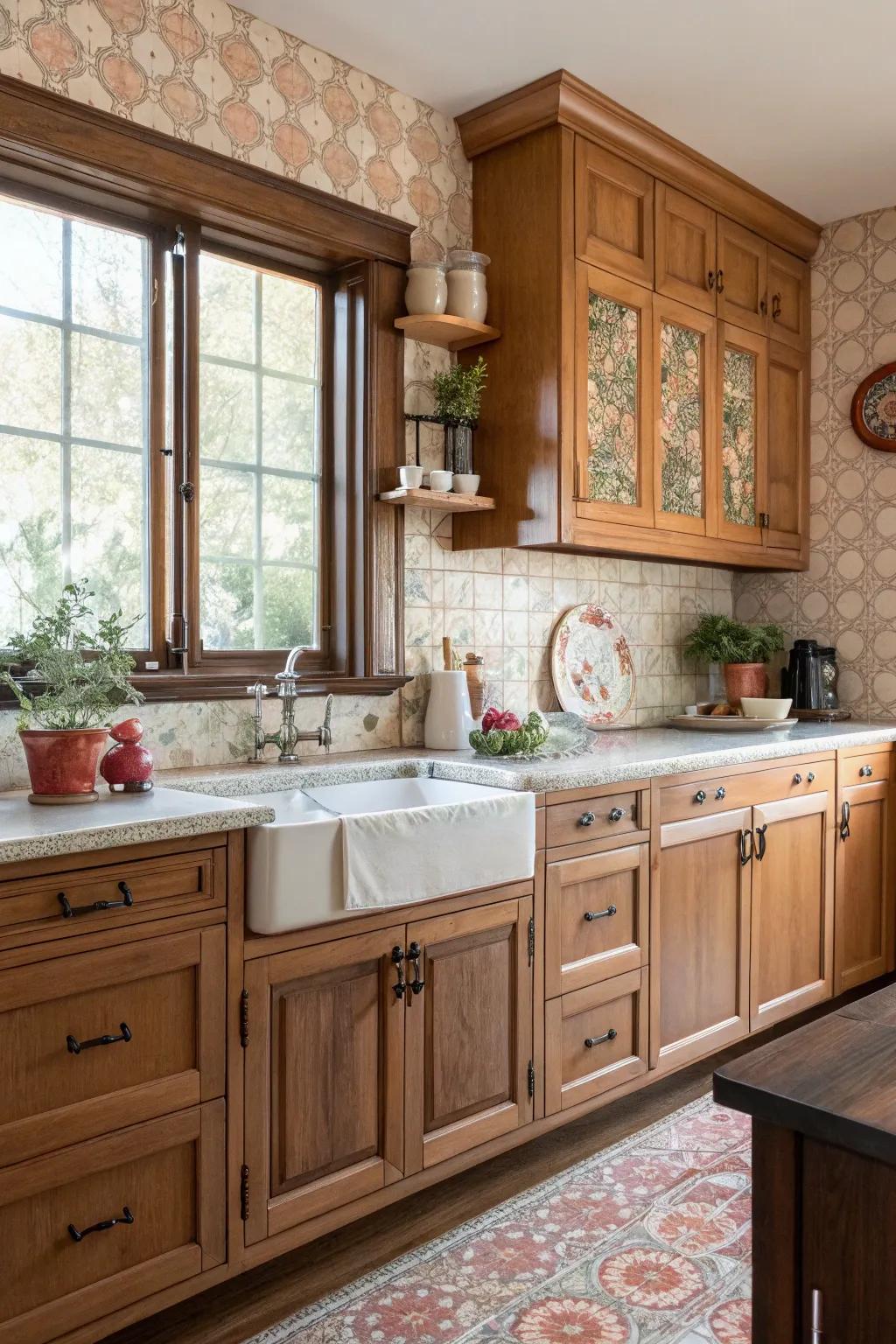 A vintage-inspired backsplash adds nostalgic charm to the kitchen.