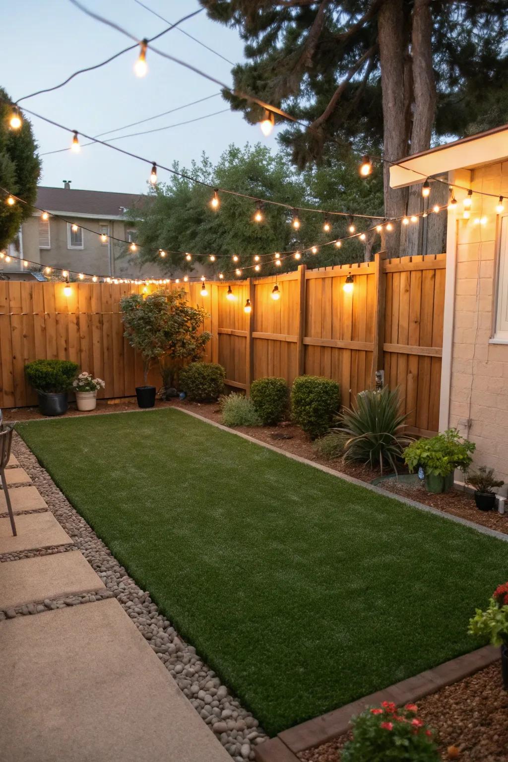 A turf area glowing with decorative lights.