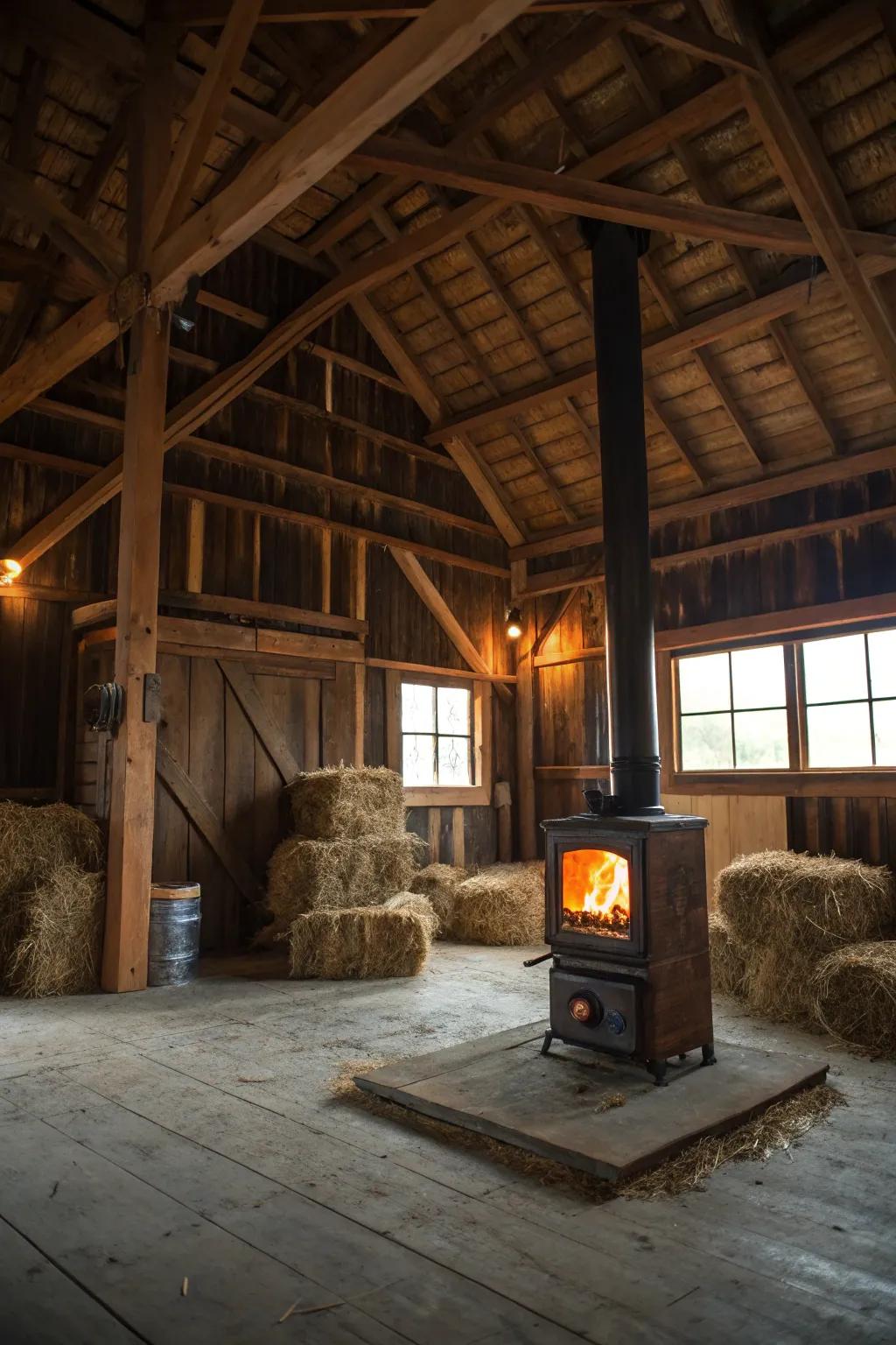 A barn loft with a wood-burning stove, providing both warmth and a focal point.