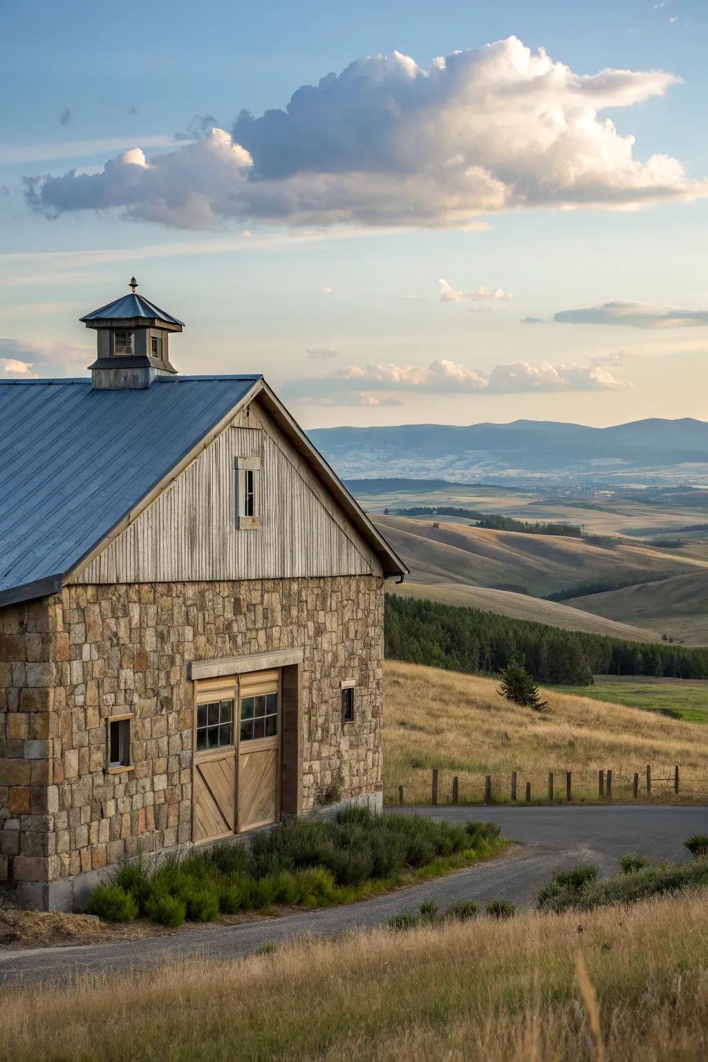 A barn with stone veneer siding, offering elegance and texture.