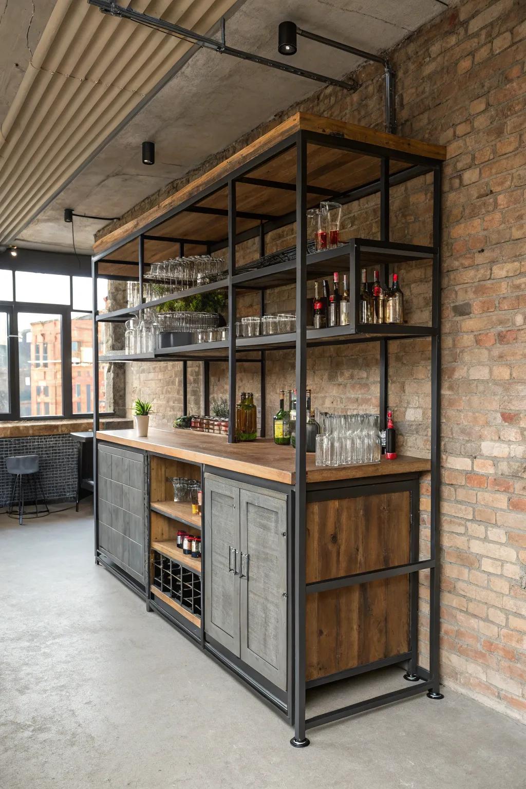 An industrial bar setup brings a bold and urban feel to your home.