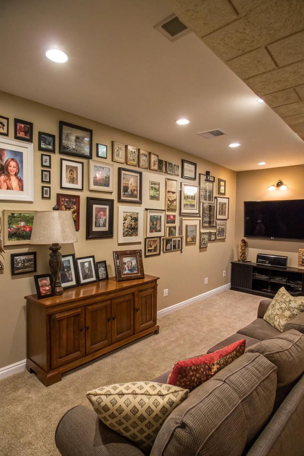 Family photos personalize and warm up this basement retreat.