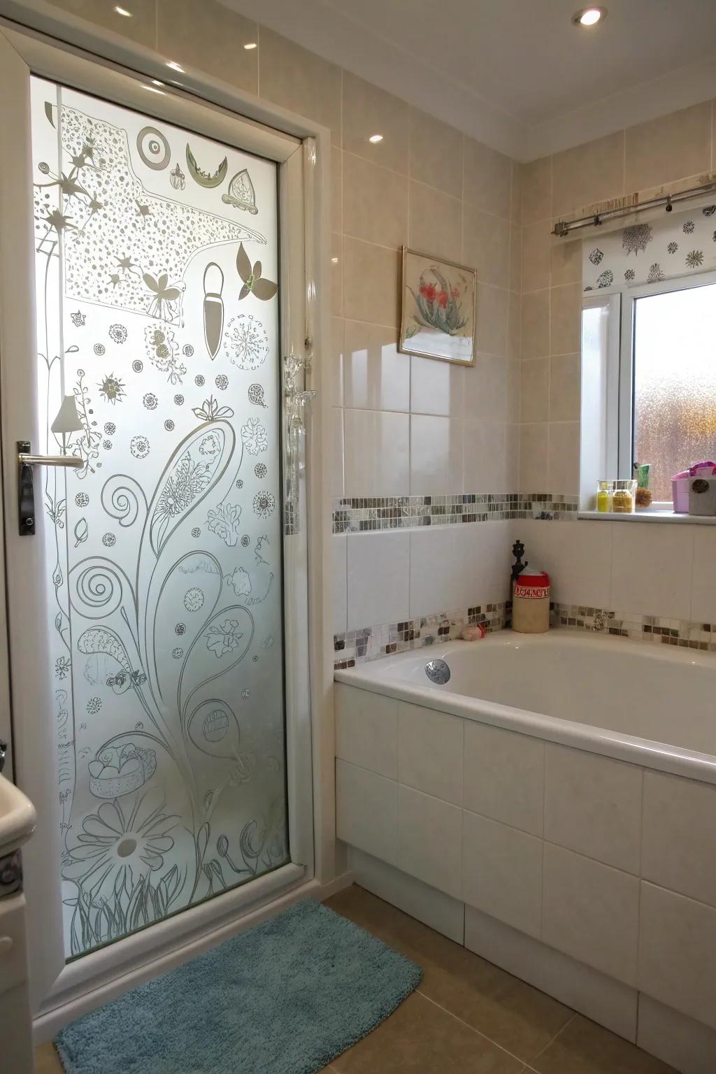 Etched designs bring playful and artistic elements to bathroom glass.