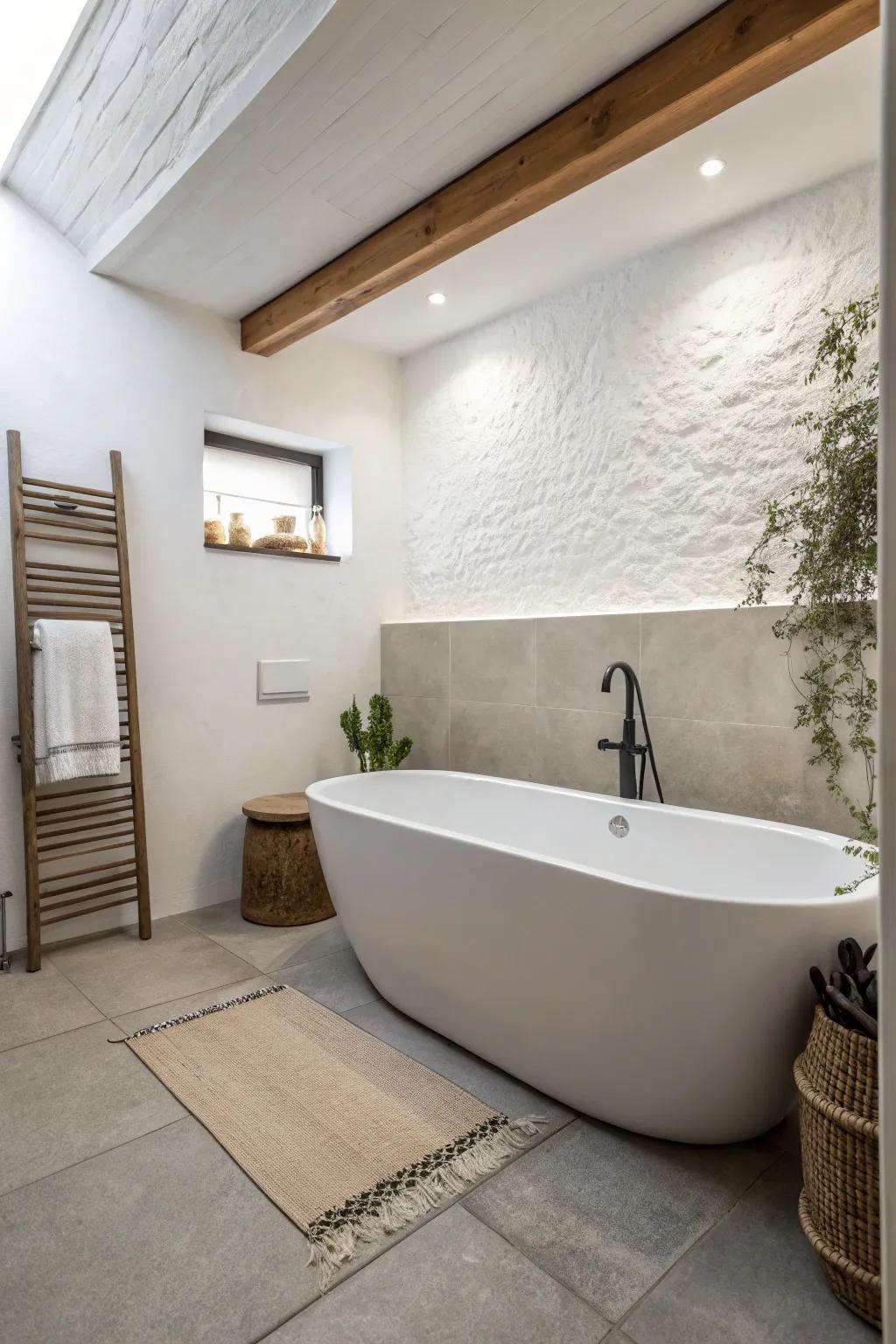 A deep soaking tub inspired by Japanese onsens offers calm and relaxation.