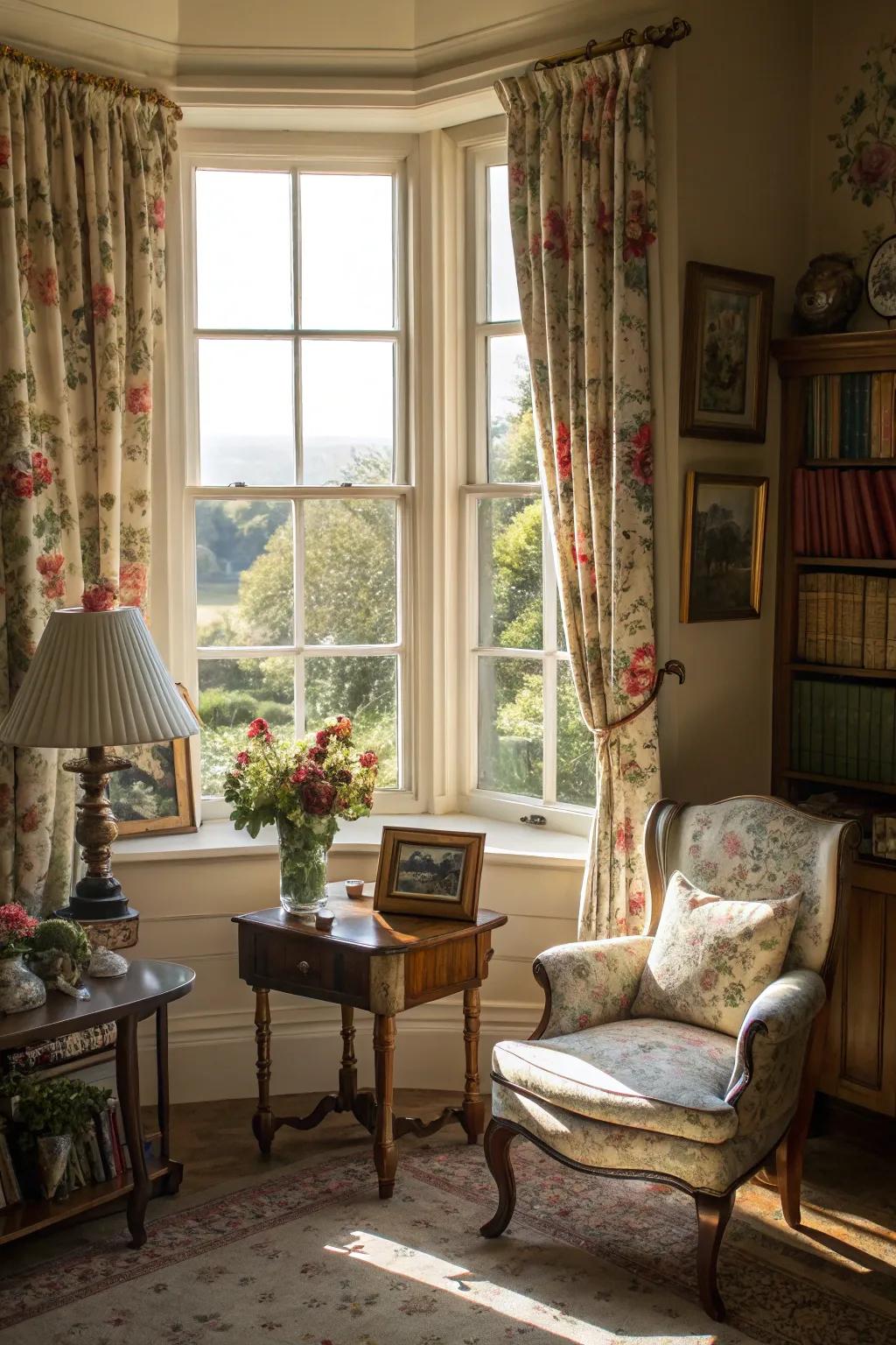 Incorporate vintage charm into your bay window for timeless appeal.