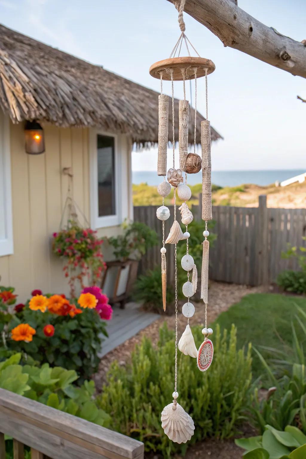 A seashell wind chime adding music to the garden.