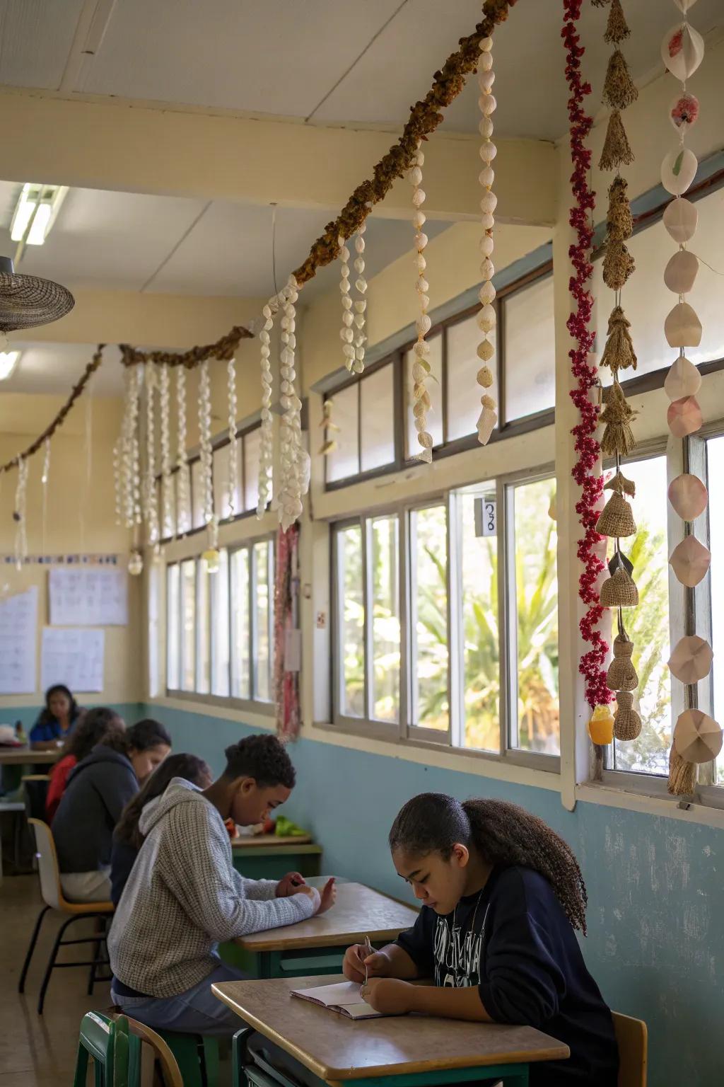 Shell garland accents provide a delicate and elegant touch to the classroom decor.