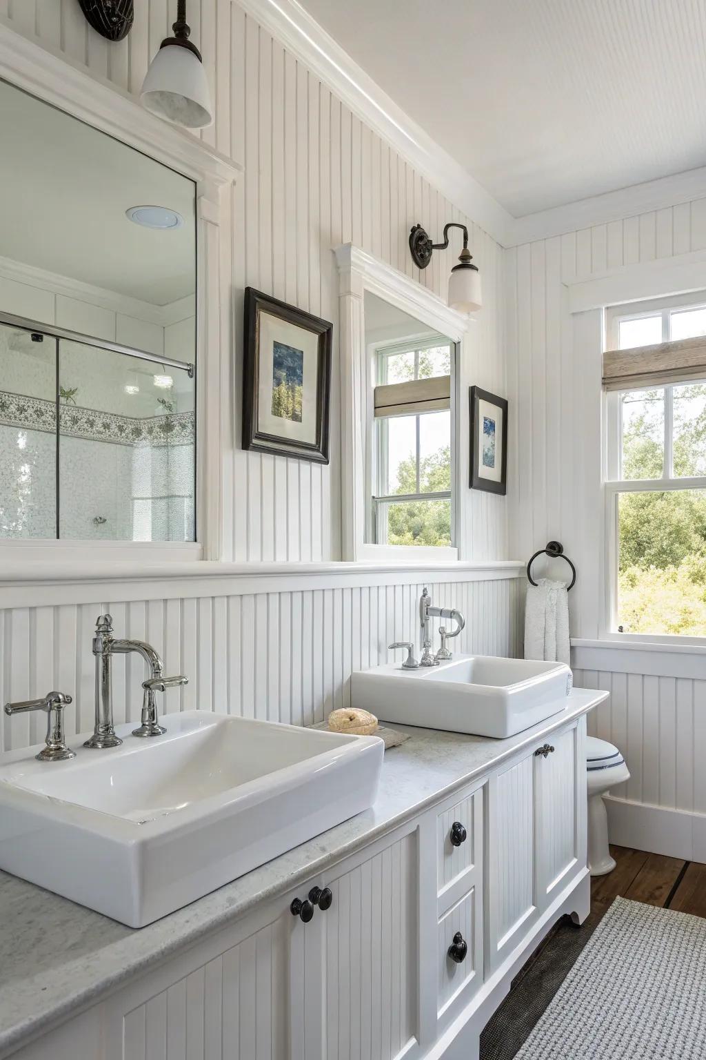 Contrasting beadboard with modern fixtures creates intrigue.