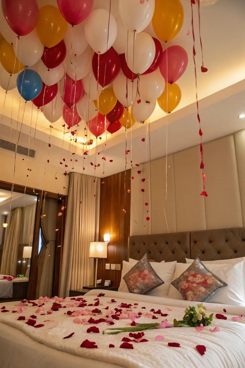 A playful surprise with balloons ready to release rose petals for a romantic moment.