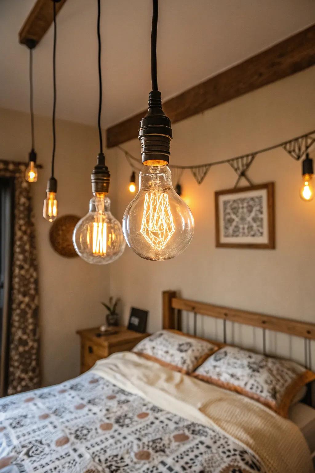 Vintage bulbs introduce charm and warmth to the space.