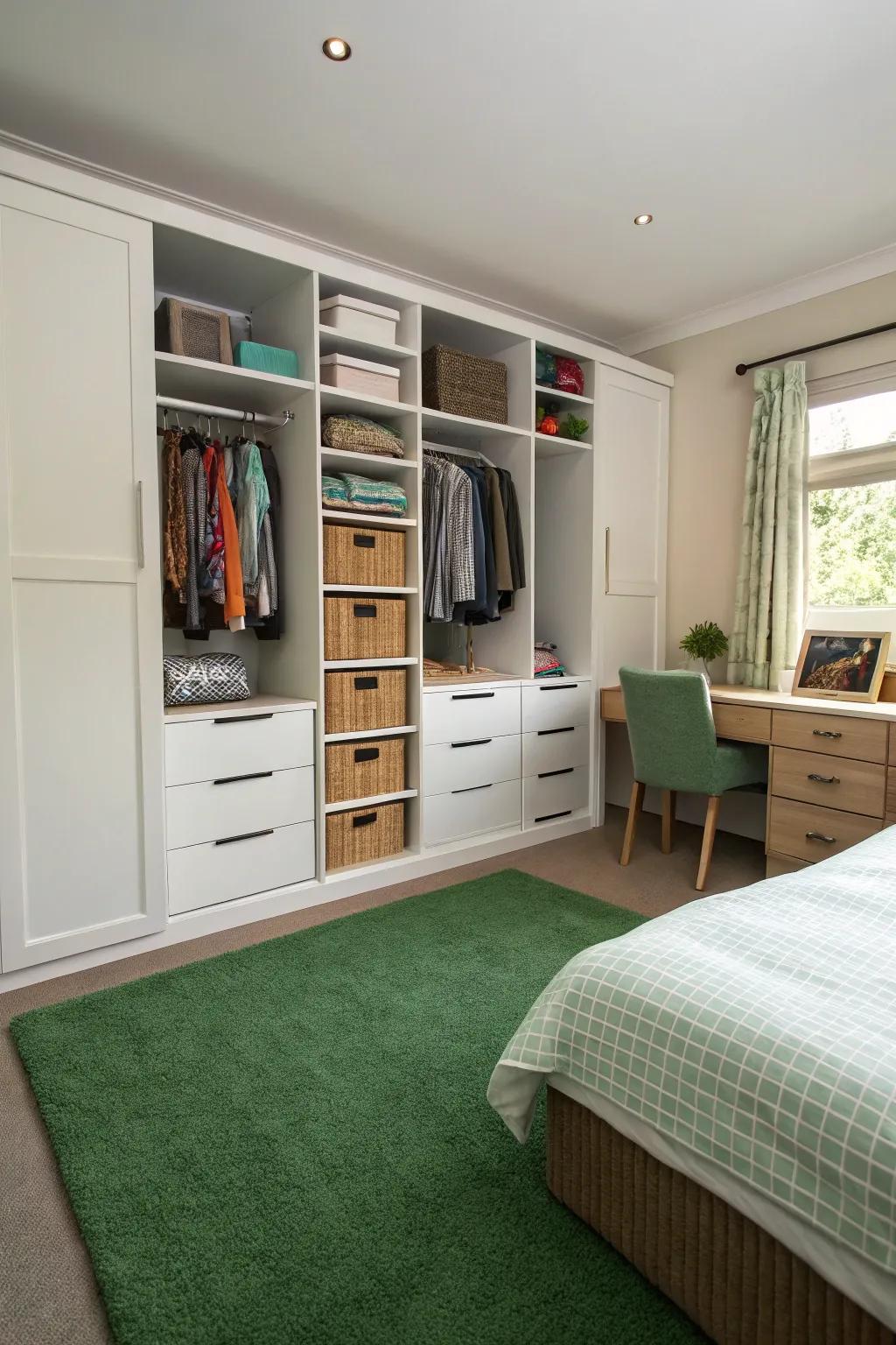 Smart storage keeps the bedroom organized, enhancing its functionality.