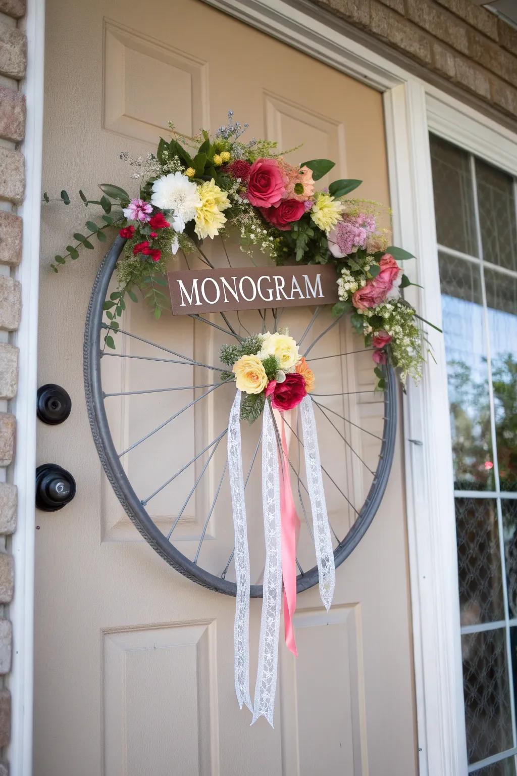 A monogrammed bicycle wreath with initials for a personal touch.