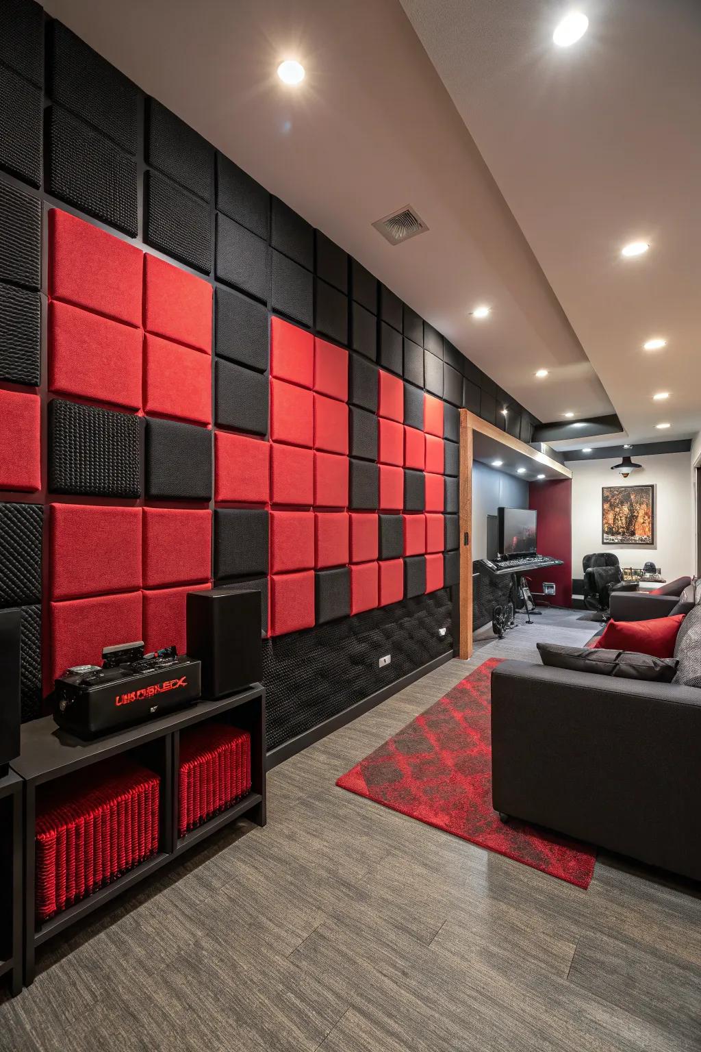 Red and black acoustic panels enhance sound quality and add stylish wall decor.