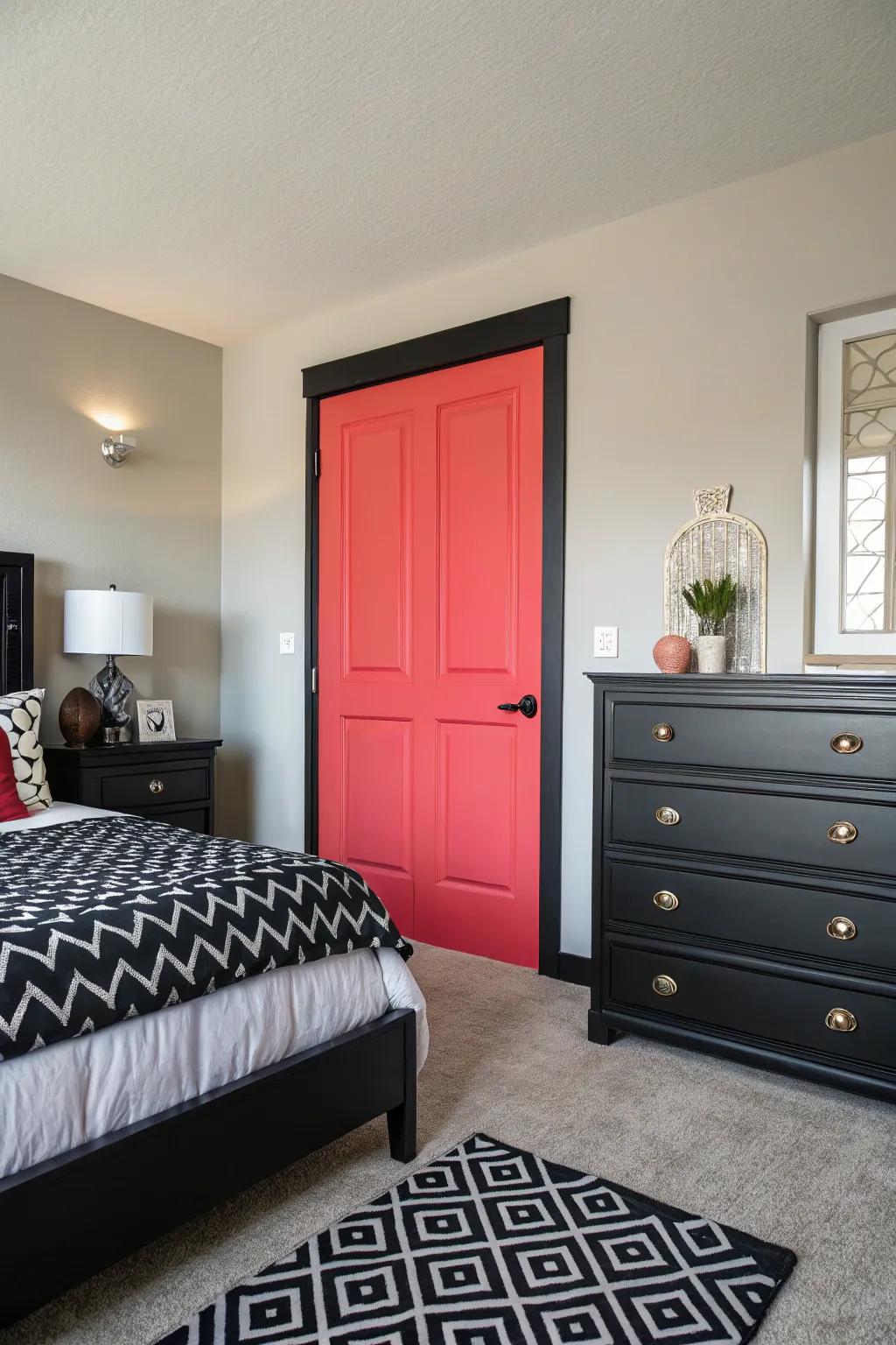 An accent door adds a surprising pop of color to this bedroom.