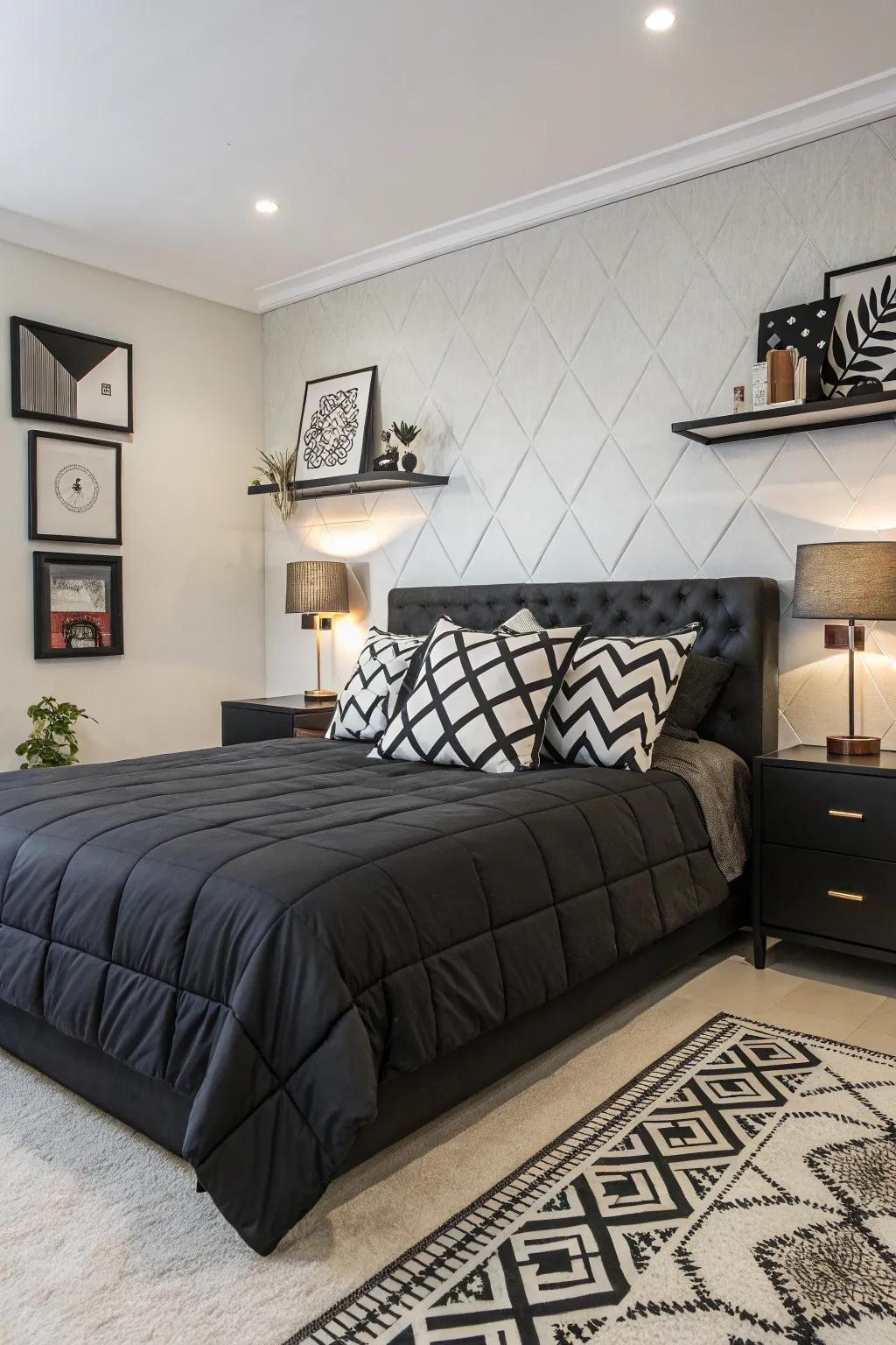 A modern bedroom with bold geometric patterns enhancing the decor.