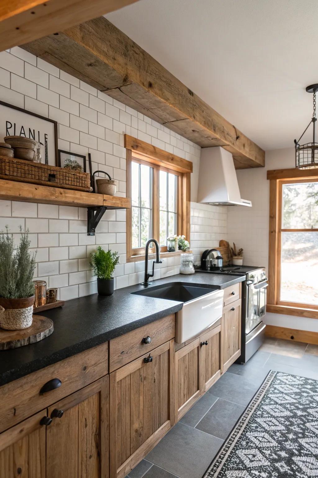 Modern farmhouse charm with black countertops.