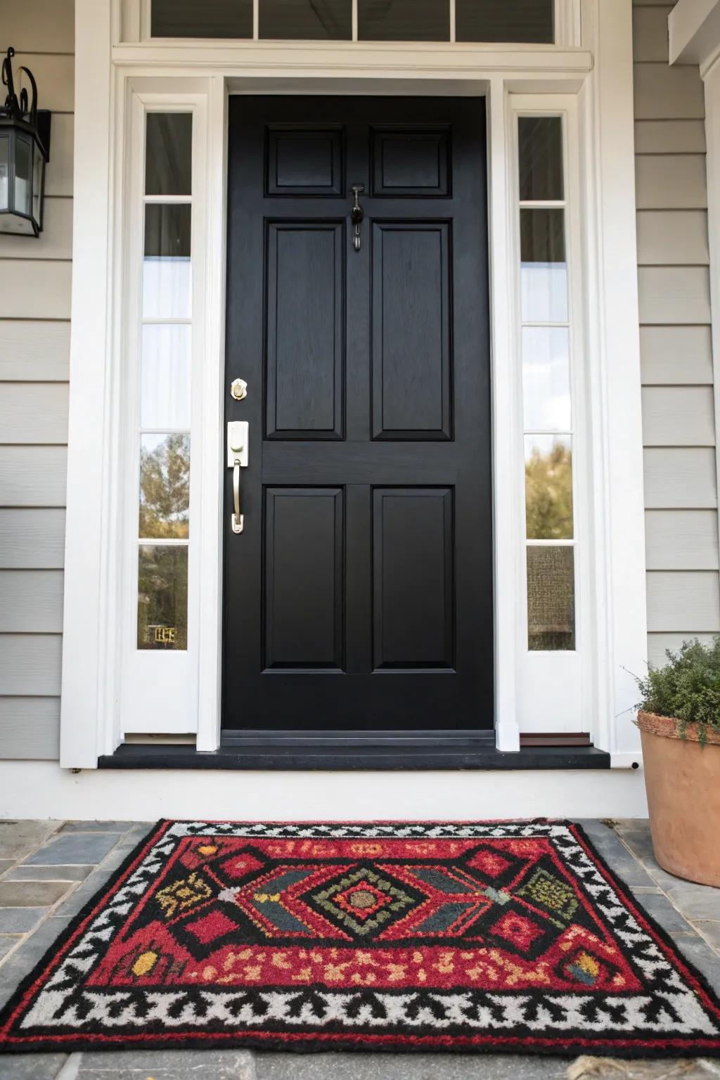 A patterned rug adds warmth and complements the black and white door theme.