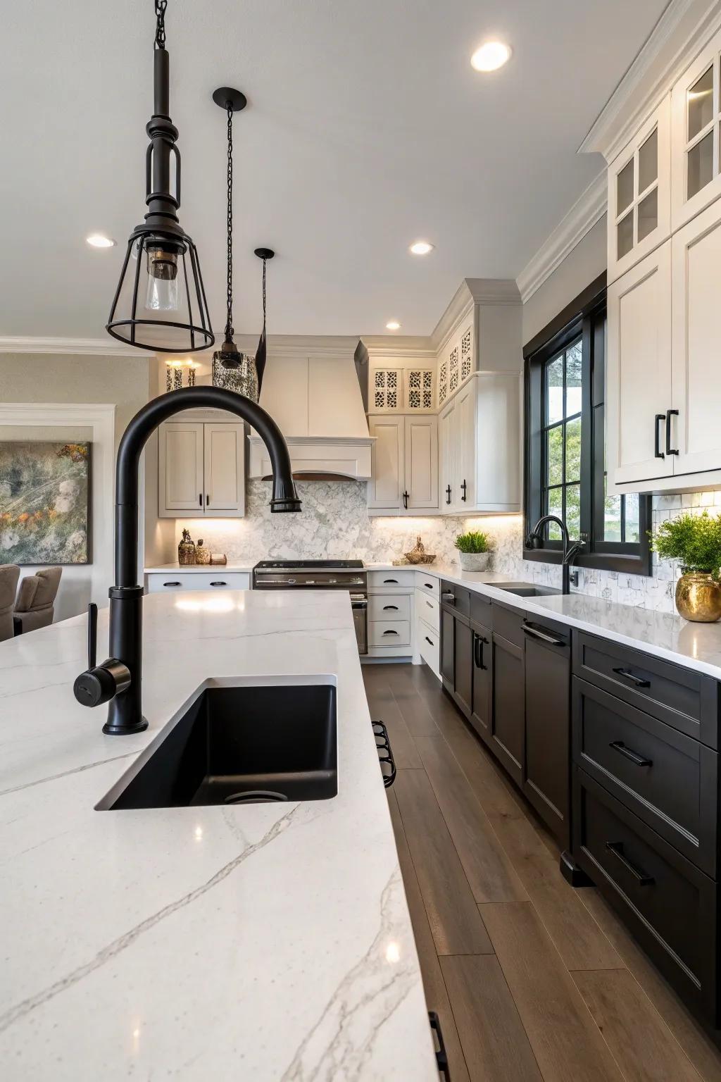 Architectural symmetry enhances the elegance of this kitchen with a black faucet.