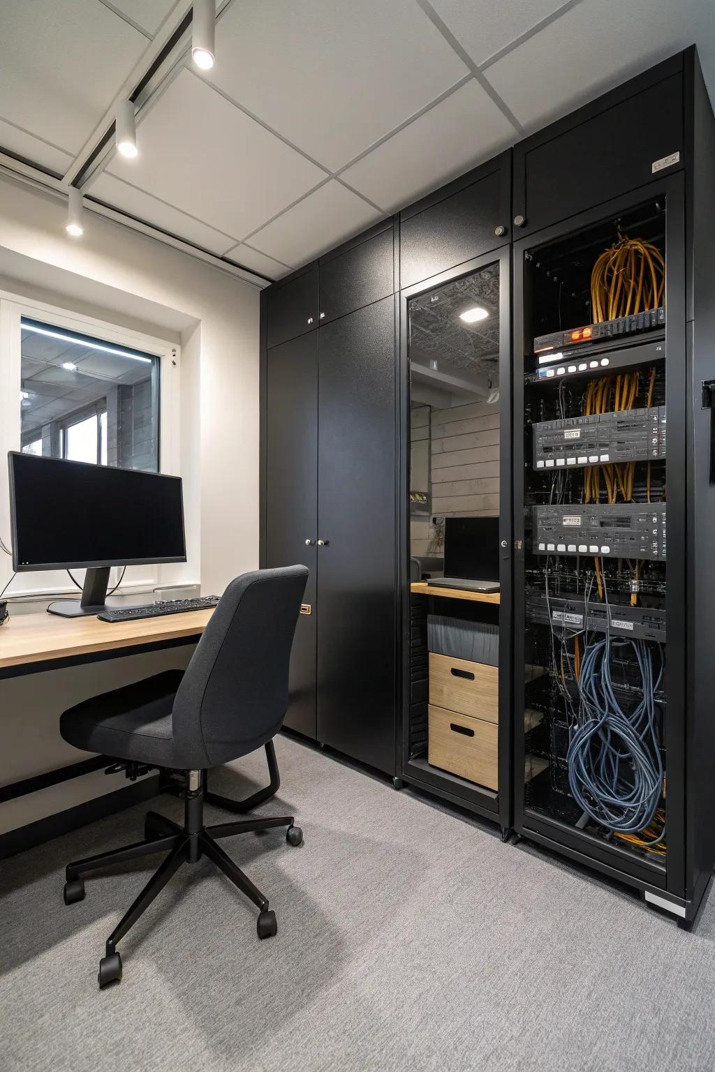 Tech-friendly solutions keep a black office efficient and organized.