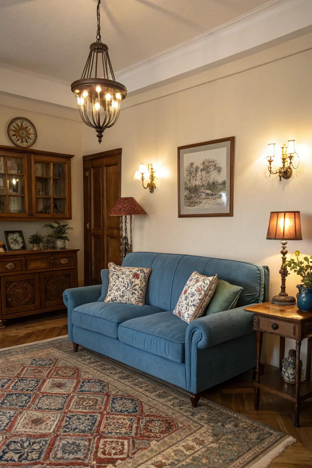 Vintage lighting adds elegance and nostalgia to a blue couch setting.