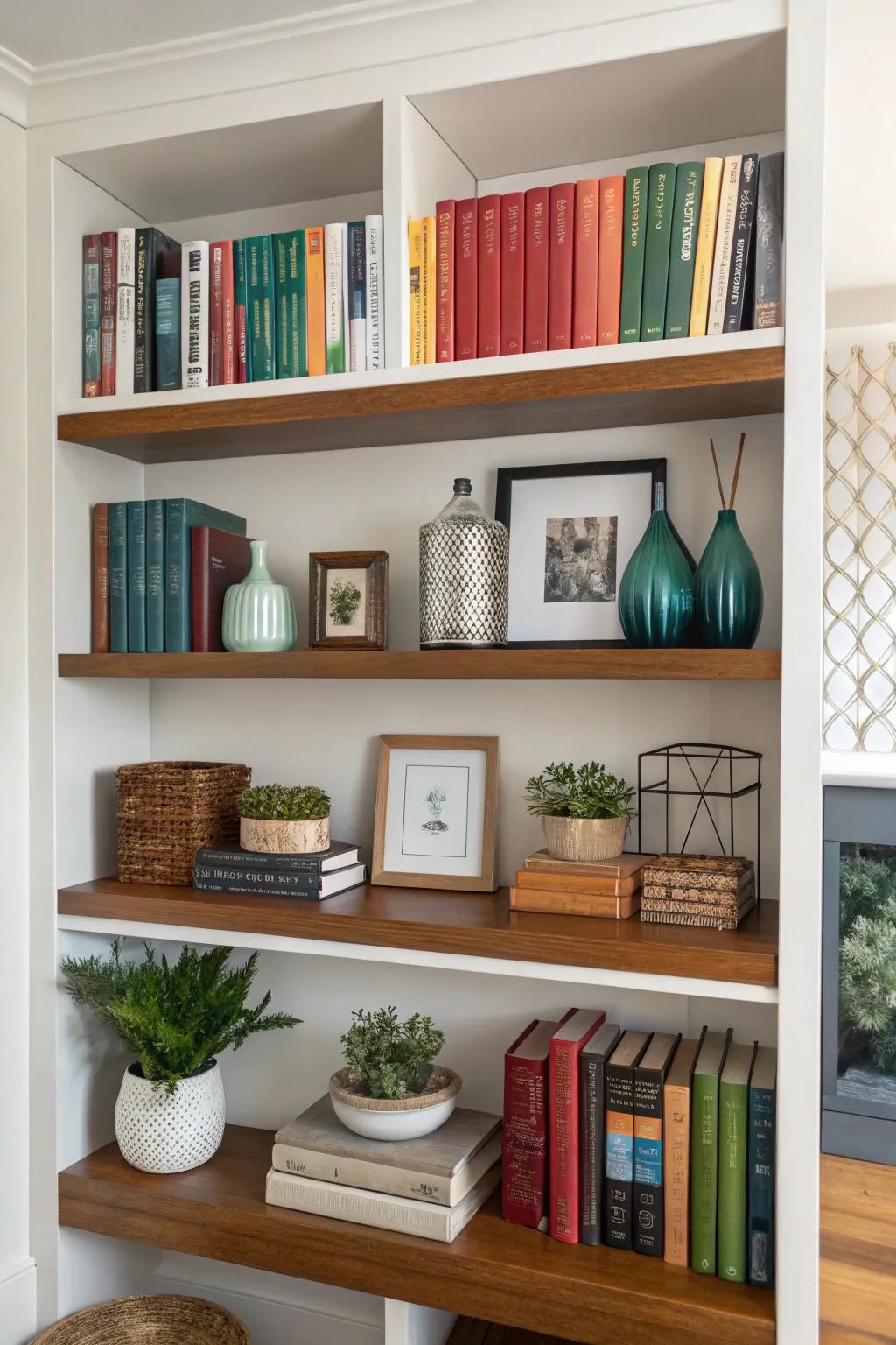 Staggered shelves create an interesting and dynamic bookshelf display.