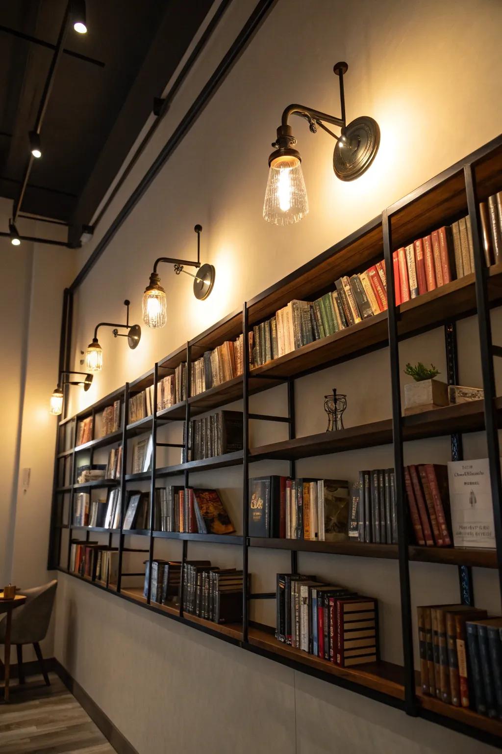 Layered lighting enhances bookshelf walls.