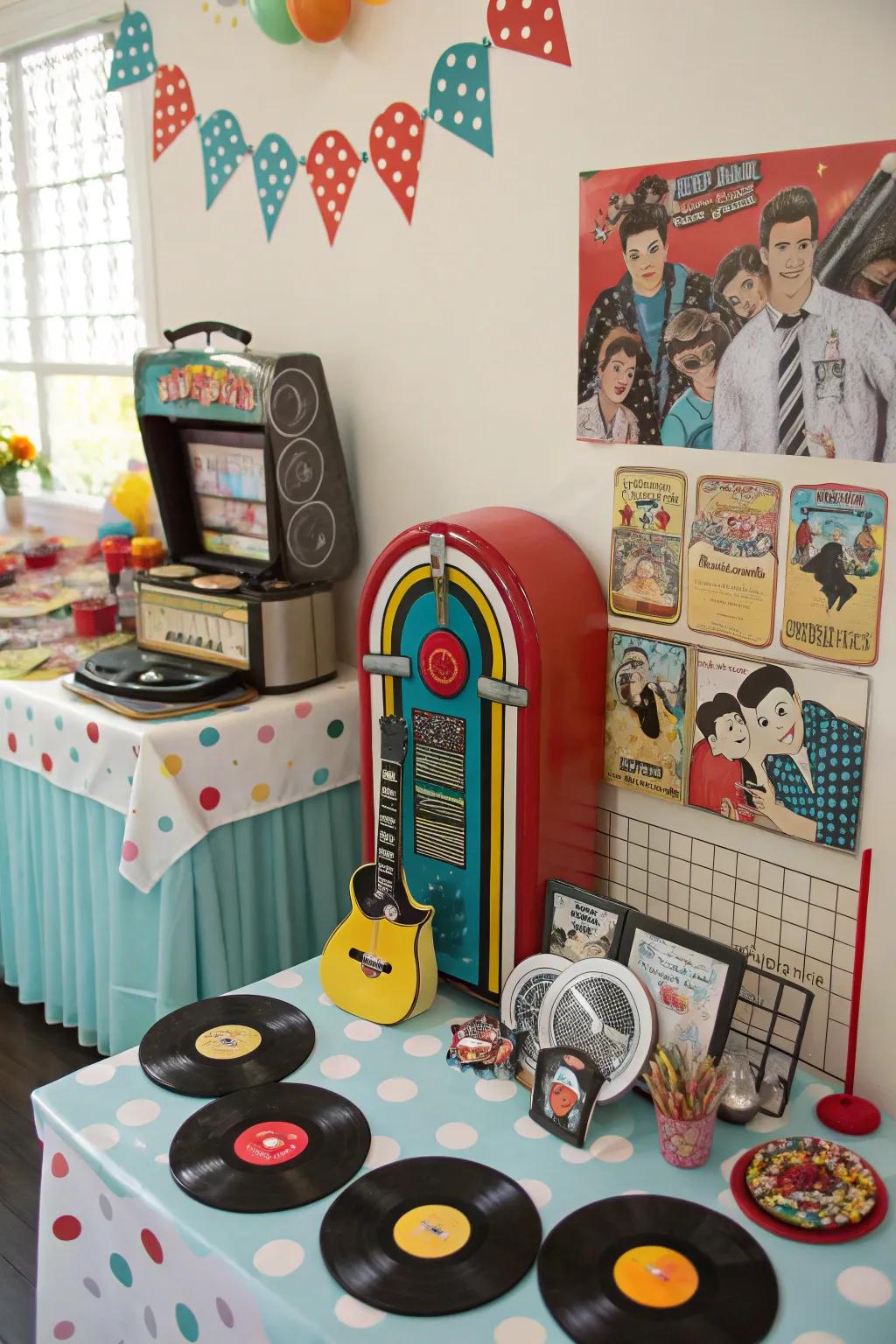 Rock 'n' roll-themed baby shower with retro and musical elements