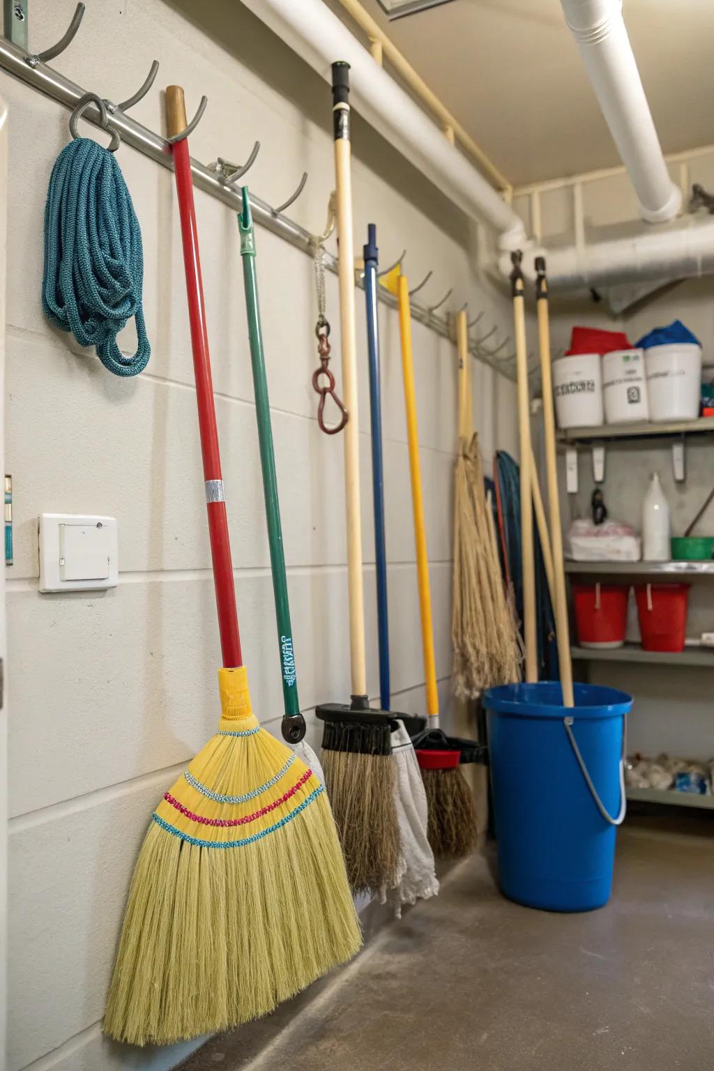 Ceiling hooks offer a unique way to store cleaning tools.