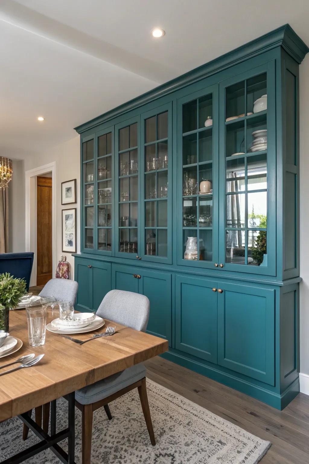 Bold-colored built-in cabinets add a striking statement to the dining room.