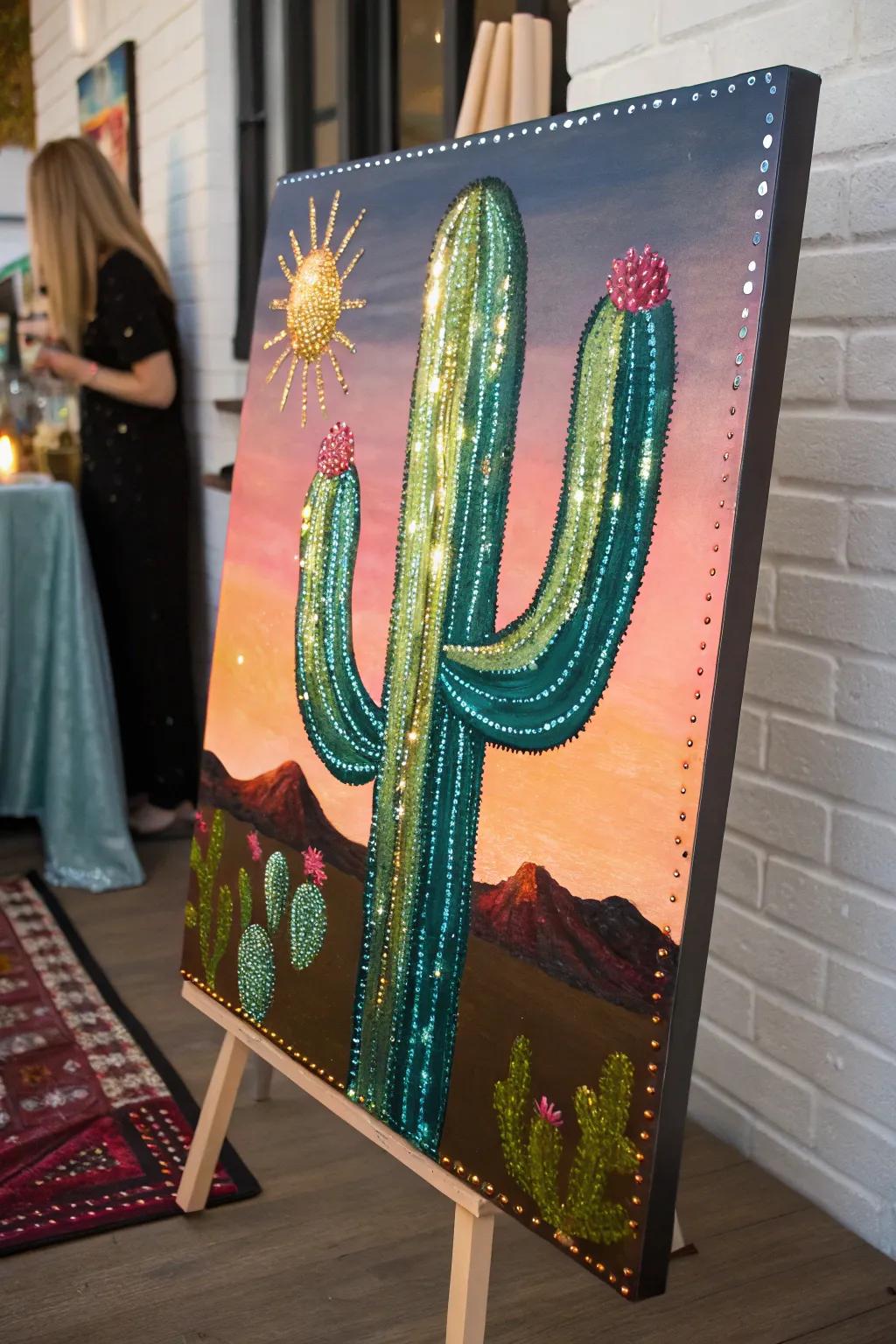 A cactus painting with elegant metallic details.