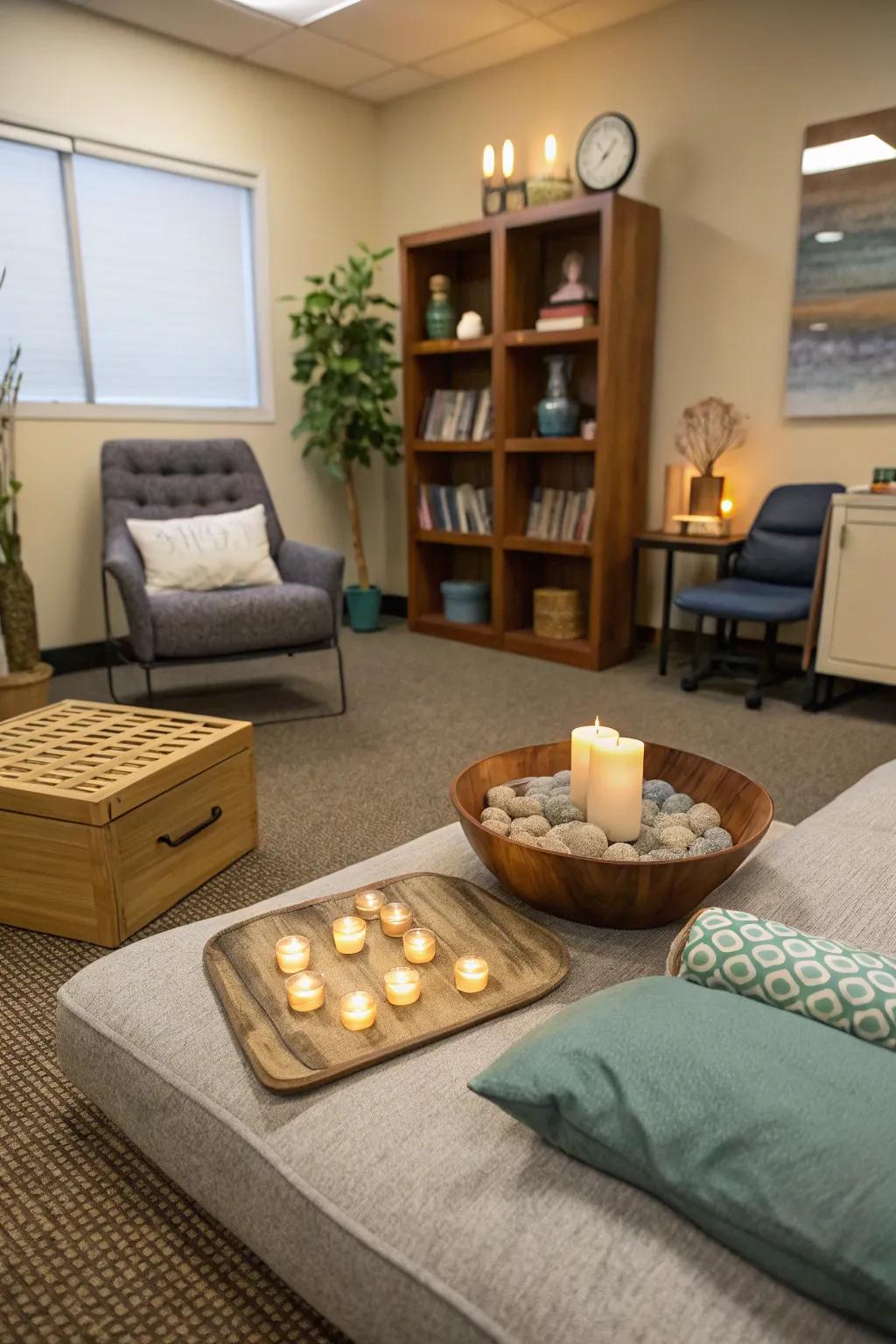 A mindfulness corner helps clients center themselves.