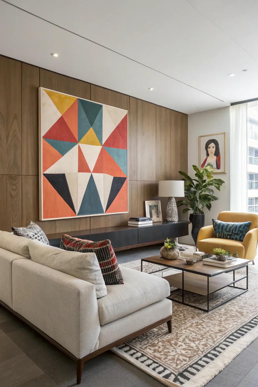 Geometric art adds modern structure.