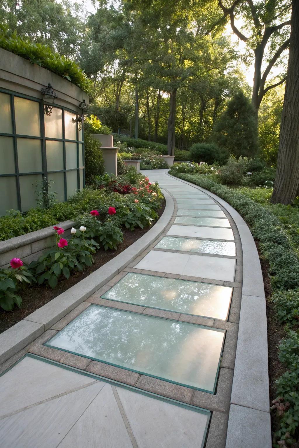 Elegant cement walkway with frosted glass accents.