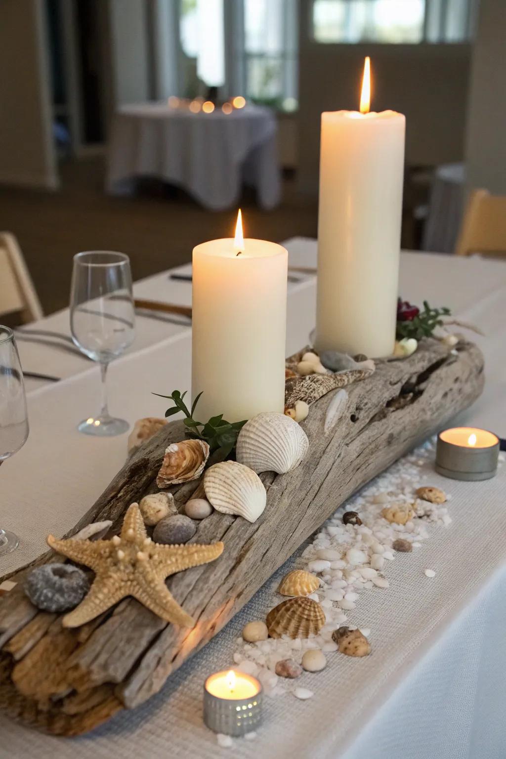 Beach-inspired charm with a driftwood centerpiece base.