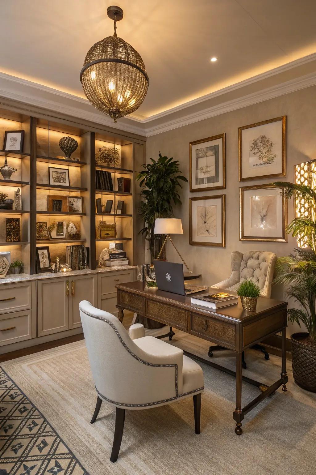 Unique decor pieces add character and personal style to an office.