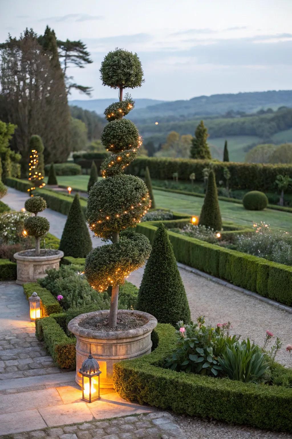 Sophisticated garden with lighted topiary figures.