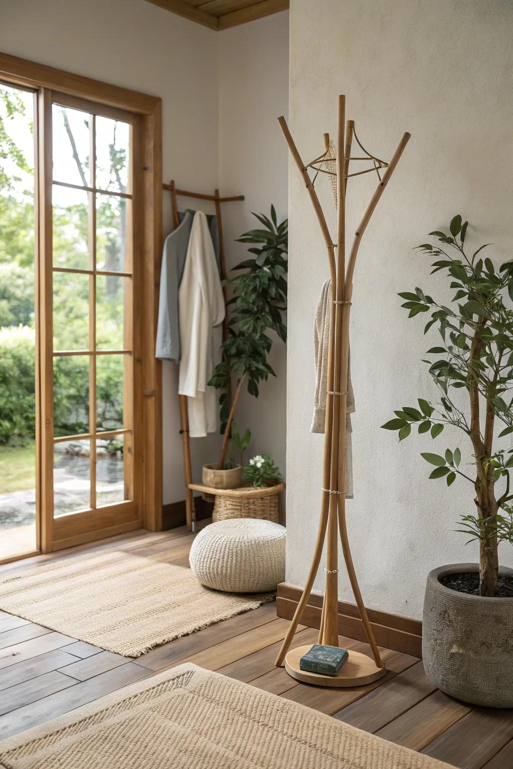 A bamboo coat stand, embodying simplicity and natural elegance.