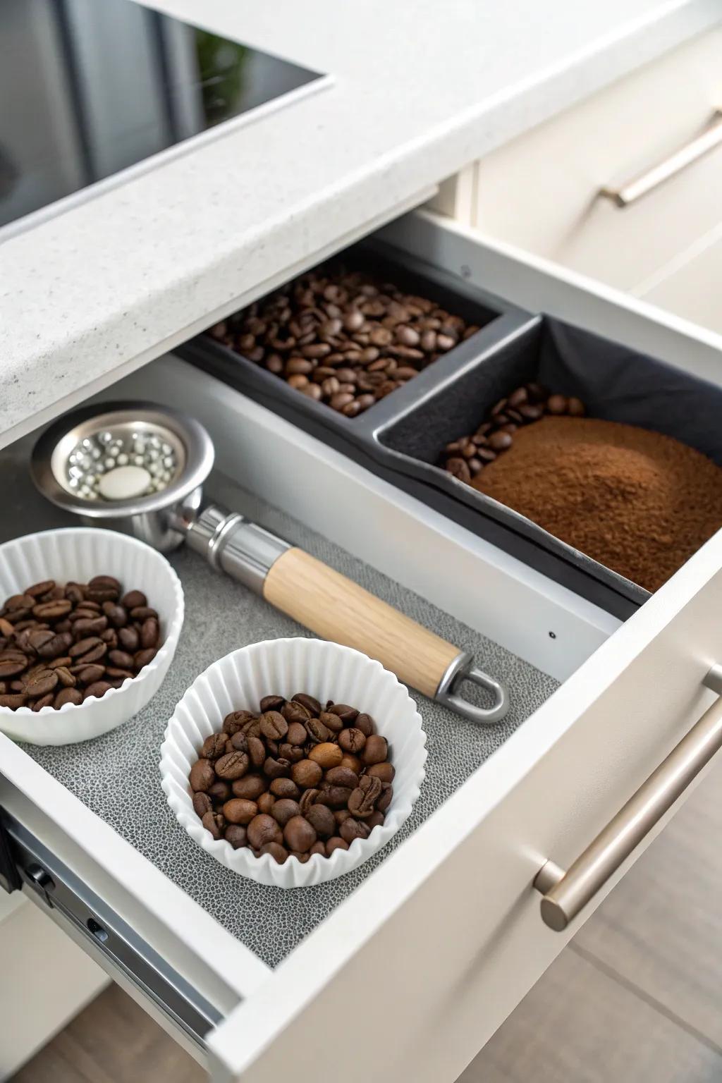 A minimalist aesthetic keeps your coffee drawer clutter-free and serene.