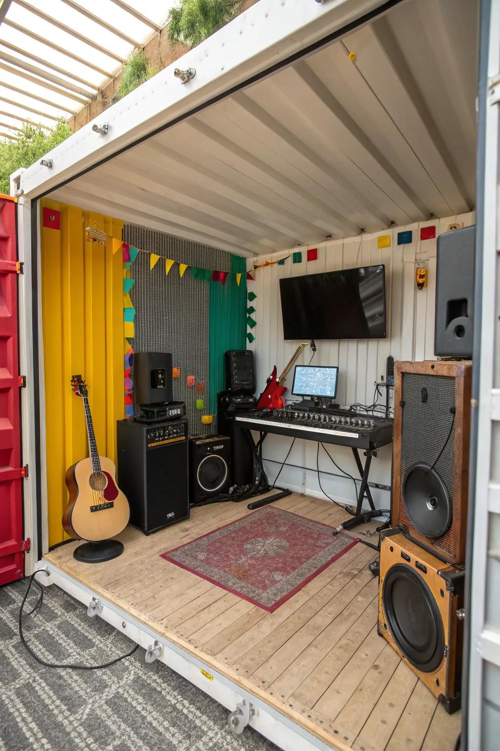 A container music studio lets musicians create and practice in a dedicated space.