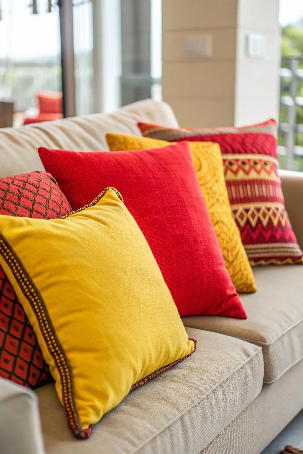 Bright pillows inject energy and vibrancy into the decor.