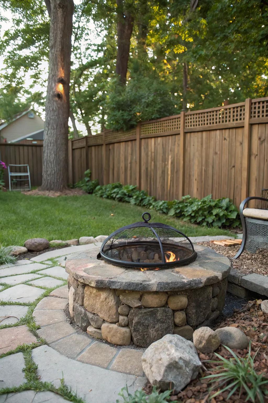 Stone and metal combine to create a striking and modern rustic fire pit.